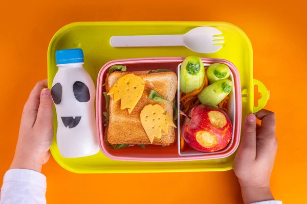 Halloween School Kids Lunchbox Funny Sandwich Fruit Vegetable Form Ghost — Stock Photo, Image
