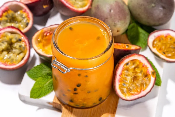 Homemade Passion Fruit Jam Small Jar Fresh Passion Fruit Mint — Stock Photo, Image