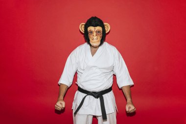 Maymun maskeli adam dövüş sanatları çalışıyor..