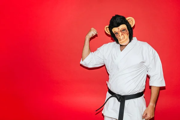 Homem Com Máscara Macaco Praticando Artes Marciais — Fotografia de Stock