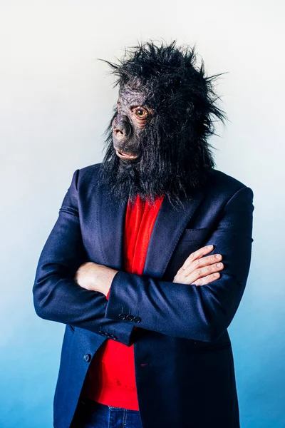 Homem Terno Com Máscara Gorila — Fotografia de Stock