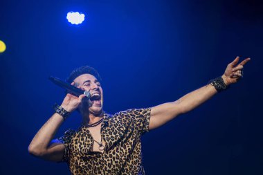 Canlı bir konserde seyircilerin önünde şarkı söyleyen sanatçı.