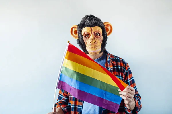 Man Aap Masker Houden Gay Vlag — Stockfoto