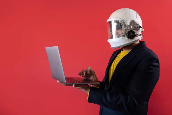 Businessman Astronaut Helmet Using Laptop — Stock Photo, Image