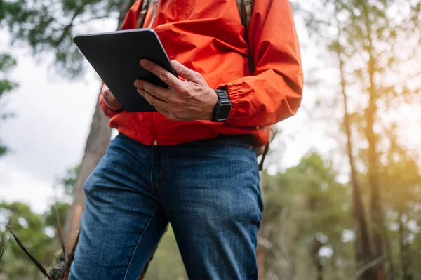 Ormanda tablet kullanan bir adam.