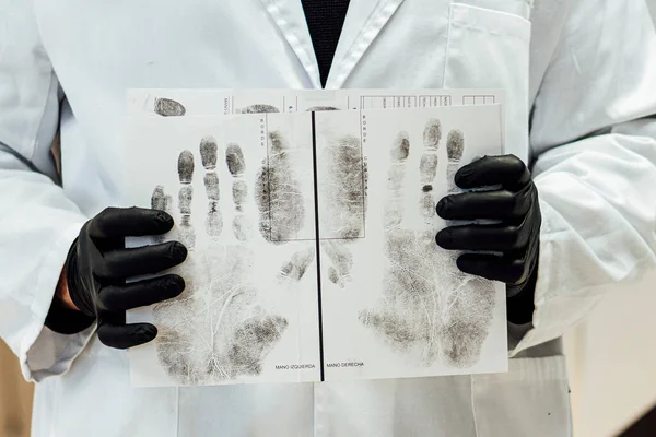 Police Scientist Specialist Fingerprints Criminal Cardboard Ink — Stock Photo, Image