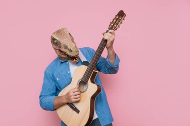 Akustik gitarlı, kertenkele maskeli adam..