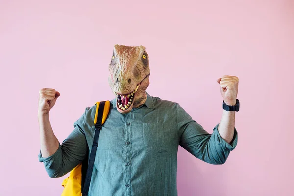 Man Lizard Mask Pink Background Showing His Muscles — Stock Photo, Image