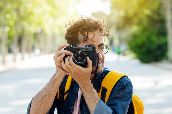 Young Man Taking Photos Madrid Analog Camera — Stockfoto