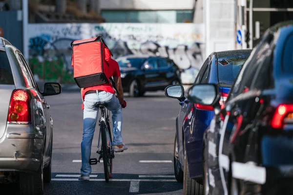 Man Who Works Delivering Food Courier High Speed City — Stock Photo, Image