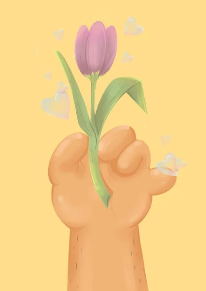 紫色柔嫩的郁金香 男人的手握在黄色的背景上 以心形出现的肥皂泡在四周盘旋 — 图库照片