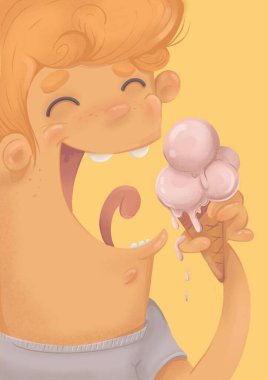 Mor tişörtlü kızıl saçlı bir adam sıcak bir yaz gününde en sevdiği tatlıyı, soğuk dondurmayı sever..