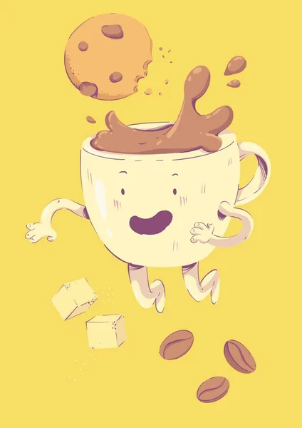 Clumsy Cup Coffee Falls Cookie Two Lumps Sugar Strong Coffee — Stockfoto