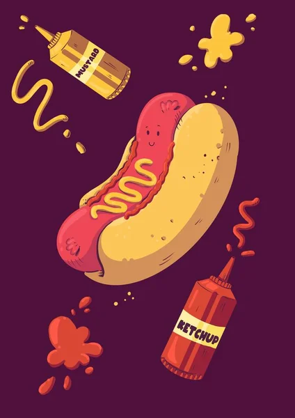 Plakat Abbildung Eines Lustigen Hot Dogs Lächelt Süß Und Ketchup — Stockfoto