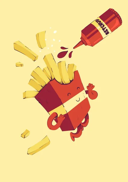 Illustration Poster Package French Fries Smiling Expression Free Fall Splashing — Stockfoto