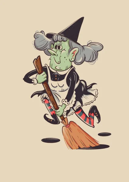 Halloween Illustratie Vintage Stijl Een Grappige Maar Angstaanjagende Oude Heks — Stockfoto