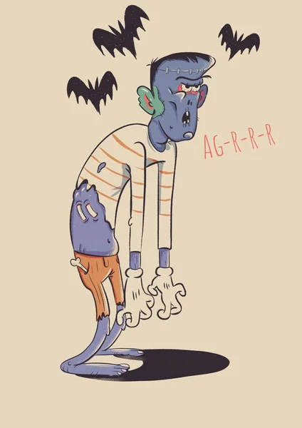 Illustration Retro Stil Ein Lustiger Magerer Lila Zombie Mit Einem — Stockfoto