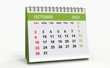 Standing Desk Calendar Ekim 2022 Metal spiral kaplı aylık iş takvimi, hafta pazar günü başlıyor. Beyaz zemin ve yeşil başlıklı aylık sayfalar, beyaz zemin üzerinde izole edilmiş, 3d oluşturulmuş.