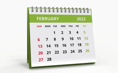 Standing Desk Calendar Şubat 2022 Metal spiral kaplı aylık iş takvimi, hafta pazar günü başlıyor. Beyaz zemin ve yeşil başlıklı aylık sayfalar, beyaz zemin üzerinde izole edilmiş, 3d oluşturulmuş.