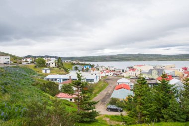 Kuzey İzlanda Strandir 'deki Steingrimsfjordur fiyordunda Holmavik kasabası