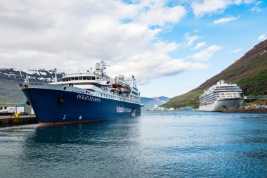 Seydisfjordur İzlanda - 17 Temmuz. 2021: Doğu İzlanda 'daki Seydisfjordur limanında seyir gemileri