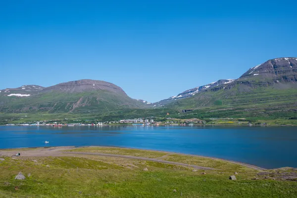 晴れた夏の日に東アイスランドのReydarfjordur町を見下ろす — ストック写真