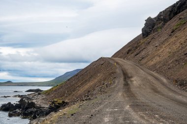 İzlanda, Strandir 'de Nordurfjordur' daki Urdarfjall dağının heyelan çizgilerinden geçen yol