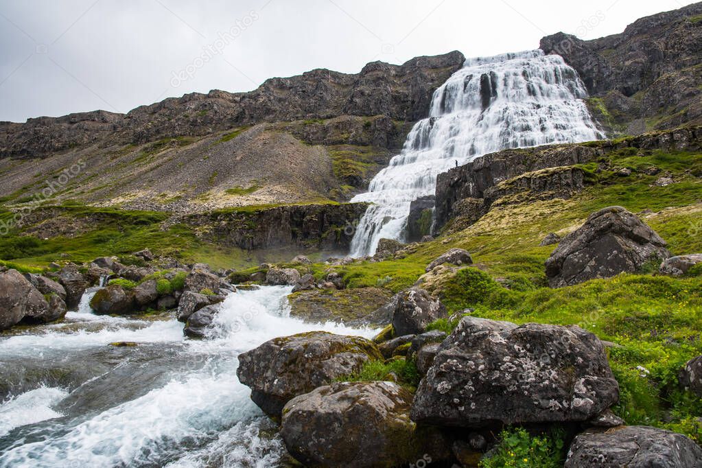 Waterfall Dynjandi in Arnarfjordur in the westfjords of Iceland