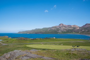 Doğu İzlanda, Borgarfjordur Eystri fiyordunda Bakkagerdi kasabası.