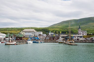 Husavik İzlanda - 15 Temmuz. 2021: Kuzey İzlanda 'daki Husavik limanında tekneleri izleyen balina