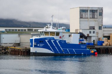 Djupivogur, İzlanda - 11 Ağustos. 2021: Djupivogur limanında gelişmiş ve ağır su kültürü operasyon gemisi Froy Hild