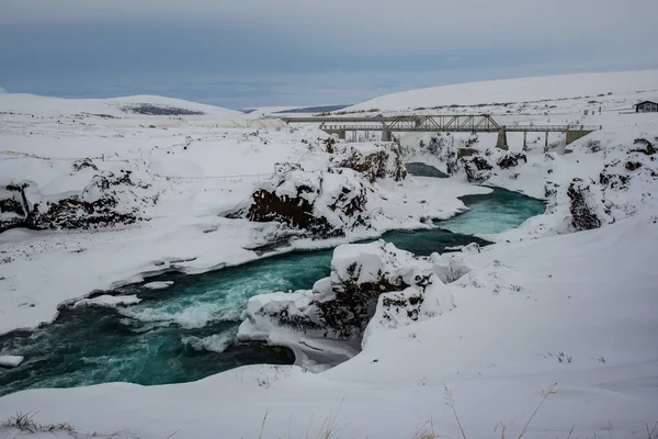 Skjalfandafljot River Godafoss North Iceland Snowy Winter Day — ストック写真