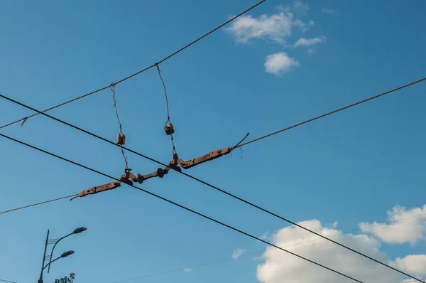 Trolleybus Wires Blue Sky Pantograph — Stockfoto