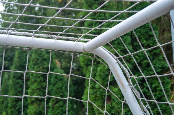 Schweißverbindung Aus Rohren Einer Fußballtorkonstruktion Mit Weißer Farbe Lackiert — Stockfoto