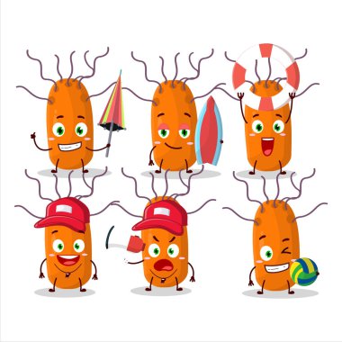 Happy Face Duvinacovirus karikatür karakteri sahilde oynuyor. Vektör illüstrasyonu