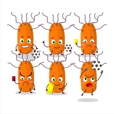 Duvinacovirus çizgi film karakteri futbol hakemi olarak çalışıyor. Vektör illüstrasyonu