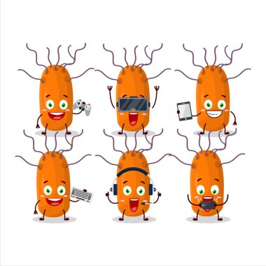 Duvinacovirus çizgi film karakteri çeşitli şirin duygu simgeleriyle oyunlar oynuyor. Vektör illüstrasyonu