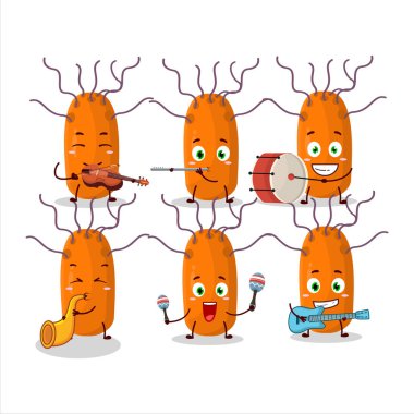 Bazı müzik enstrümanları çalan duvinacovirüs çizgi film karakteri. Vektör illüstrasyonu