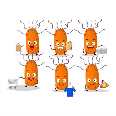 Zengin bir Duvinacovirüs maskot tasarımı. Alışverişe gidiyor. Vektör illüstrasyonu