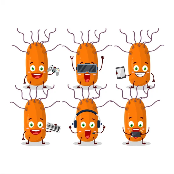 Duvinacovirus çizgi film karakteri çeşitli şirin duygu simgeleriyle oyunlar oynuyor. Vektör illüstrasyonu