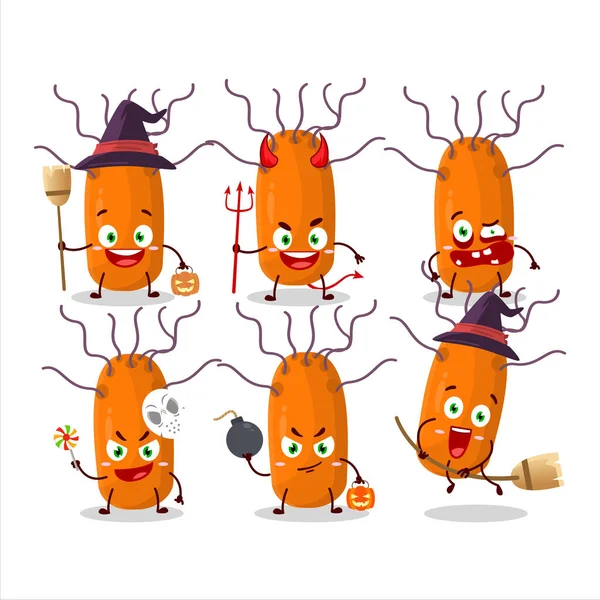 Cadılar Bayramı yüz ifadelerinde duvinacovirüs çizgi film karakteri var. Vektör illüstrasyonu