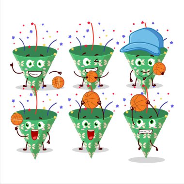 Yetenekli koyu yeşil parti meraklısı, konfeti çizgi film karakteri basketbol atleti. Vektör illüstrasyonu