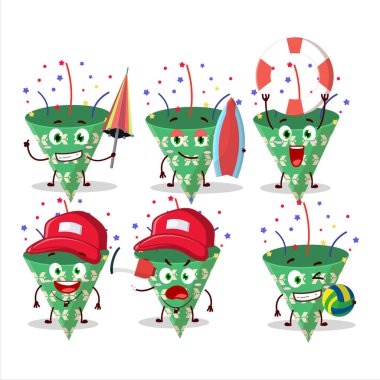 Mutlu Yüz, kumsalda oynayan konfeti çizgi film karakteri ile koyu yeşil parti delisi. Vektör illüstrasyonu