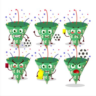 Futbol hakemi olarak çalışan konfeti çizgi film karakteri ile koyu yeşil parti meraklısı. Vektör illüstrasyonu