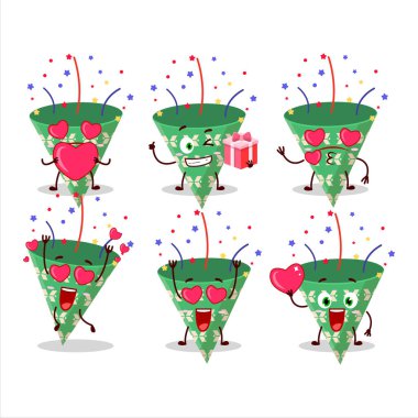 Koyu yeşil parti meraklısı, konfeti çizgi film karakteri ve sevimli aşk simgesi. Vektör illüstrasyonu