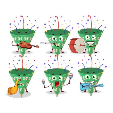 Konfetiyle müzik enstrümanları çalan koyu yeşil parti meraklısı çizgi film karakteri. Vektör illüstrasyonu