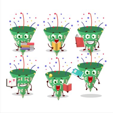 Konfeti çizgi film karakteri kavramına sahip koyu yeşil parti meraklısı komik bir kitap okurken çekilmiş bir resim. Vektör illüstrasyonu