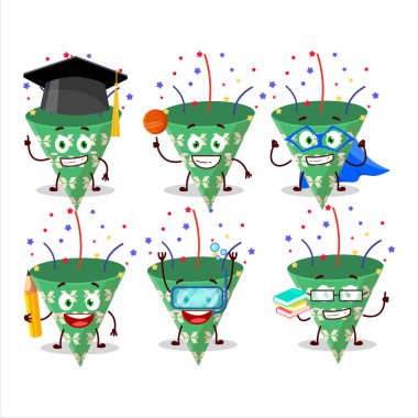 Koyu yeşil parti meraklısı, değişik ifadeleri olan konfeti çizgi film karakteri bir okul öğrencisi. Vektör illüstrasyonu