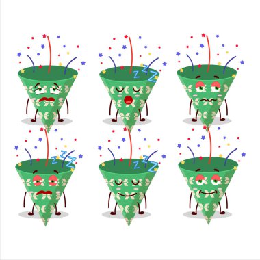 Karikatür karakteri koyu yeşil parti popper ile konfeti ile uykulu yüz ifadesi. Vektör illüstrasyonu