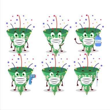 Konfeti çizgi film tasarımı tarzında koyu yeşil bir parti meraklısı resmi salgın sırasında sağlıklı kalmaya devam ediyor. Vektör illüstrasyonu